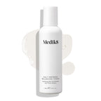 Medik8 Daily Refresh Balancing Toner bottle stands on a white background with a clear liquid spill. Text identifies it as a  Hydrating Skin Conditioner with Floral Waters  in a 150mL size.