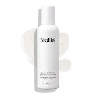 Medik8 Daily Refresh Balancing Toner bottle stands on a white background with a clear liquid spill. Text identifies it as a  Hydrating Skin Conditioner with Floral Waters  in a 150mL size.