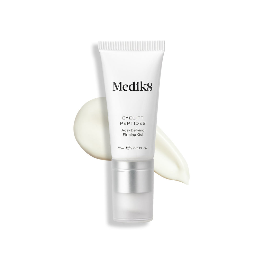 A tube of Eyelift Peptides stands upright, with a swatch of the product behind it.