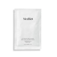 A single white sachet of Medik8 Ultimate Recovery Bio-Cellulose Mask displayed flat against a clean white background with a subtle shadow. Text labels it as a 