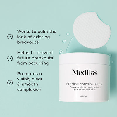 Medik8 Blemish Control Pads jar is shown against a light teal background with a single textured white pad and clear liquid droplets. Text highlights that the product  Works to calm the look of existing breakouts,   Helps to prevent future breakouts from occurring,  and  Promotes a visibly clear & smooth complexion. 