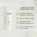 A white tube of Blemish SOS Rapid Action Target Gel is featured. Text highlights it as a RAPID ACTION TREATMENT GEL. Four bullet points with checkmarks list benefits: Targets & reduces the look of blemishes, Calms visible redness, Promotes clear, healthy-looking skin, and Can be used under or over makeup.