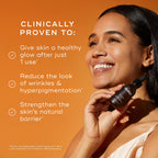 Close-up of a person's face being treated with a glass pipette, set against a dark, warm-toned background. The text states the product is  CLINICALLY PROVEN TO:  followed by three check-marked claims:  Give skin a healthy glow after just 1 use* ,  Reduce the look of wrinkles & hyperpigmentation in 4 weeks* , and  Visibly brightens & provides deep nourishment . A footer note specifies these results are proven via an independent clinical study on C-Tetra Luxe conducted over 4 weeks on 36 participants.