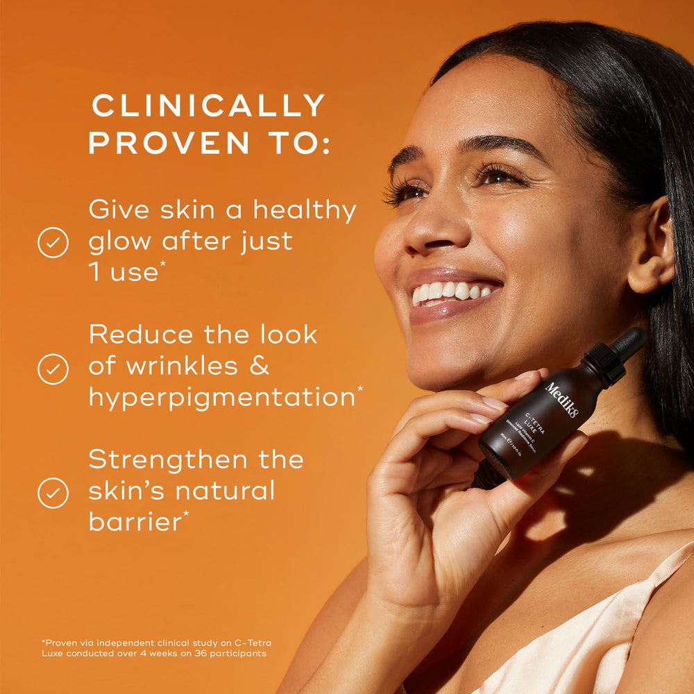 Close-up of a person's face being treated with a glass pipette, set against a dark, warm-toned background. The text states the product is  CLINICALLY PROVEN TO:  followed by three check-marked claims:  Give skin a healthy glow after just 1 use* ,  Reduce the look of wrinkles & hyperpigmentation in 4 weeks* , and  Visibly brightens & provides deep nourishment . A footer note specifies these results are proven via an independent clinical study on C-Tetra Luxe conducted over 4 weeks on 36 participants.