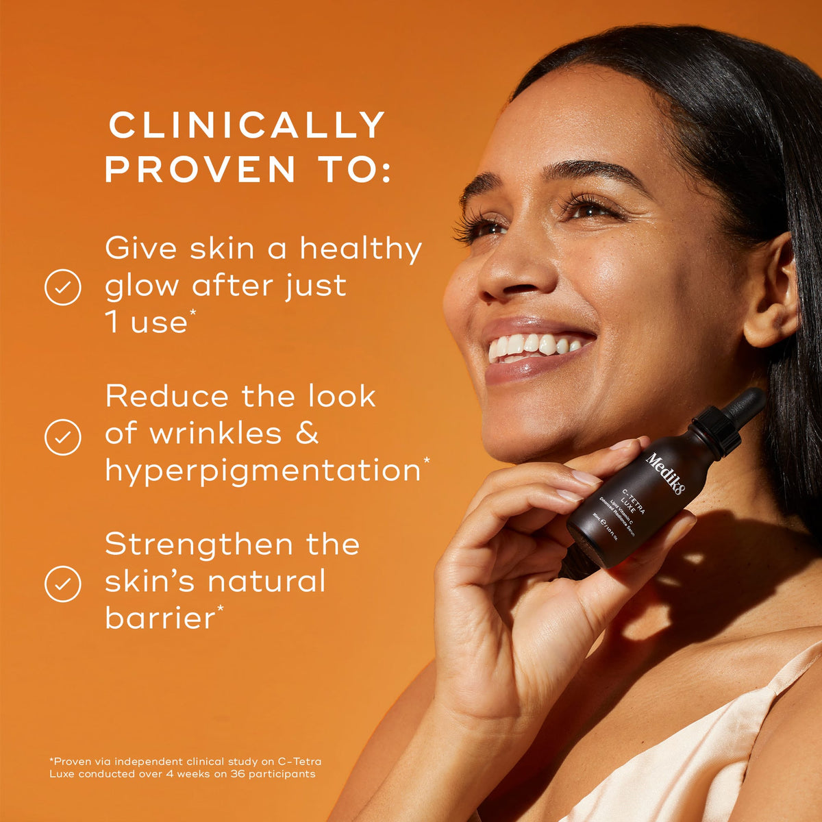 Close-up of a person's face being treated with a glass pipette, set against a dark, warm-toned background. The text states the product is  CLINICALLY PROVEN TO:  followed by three check-marked claims:  Give skin a healthy glow after just 1 use* ,  Reduce the look of wrinkles & hyperpigmentation in 4 weeks* , and  Visibly brightens & provides deep nourishment . A footer note specifies these results are proven via an independent clinical study on C-Tetra Luxe conducted over 4 weeks on 36 participants.