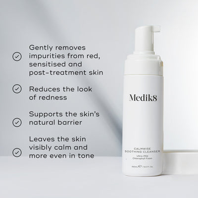 A split image featuring the cleanser bottle alongside a list of benefits, including  Gently removes impurities from red, sensitised and post-treatment skin  and  Reduces the look of redness. 