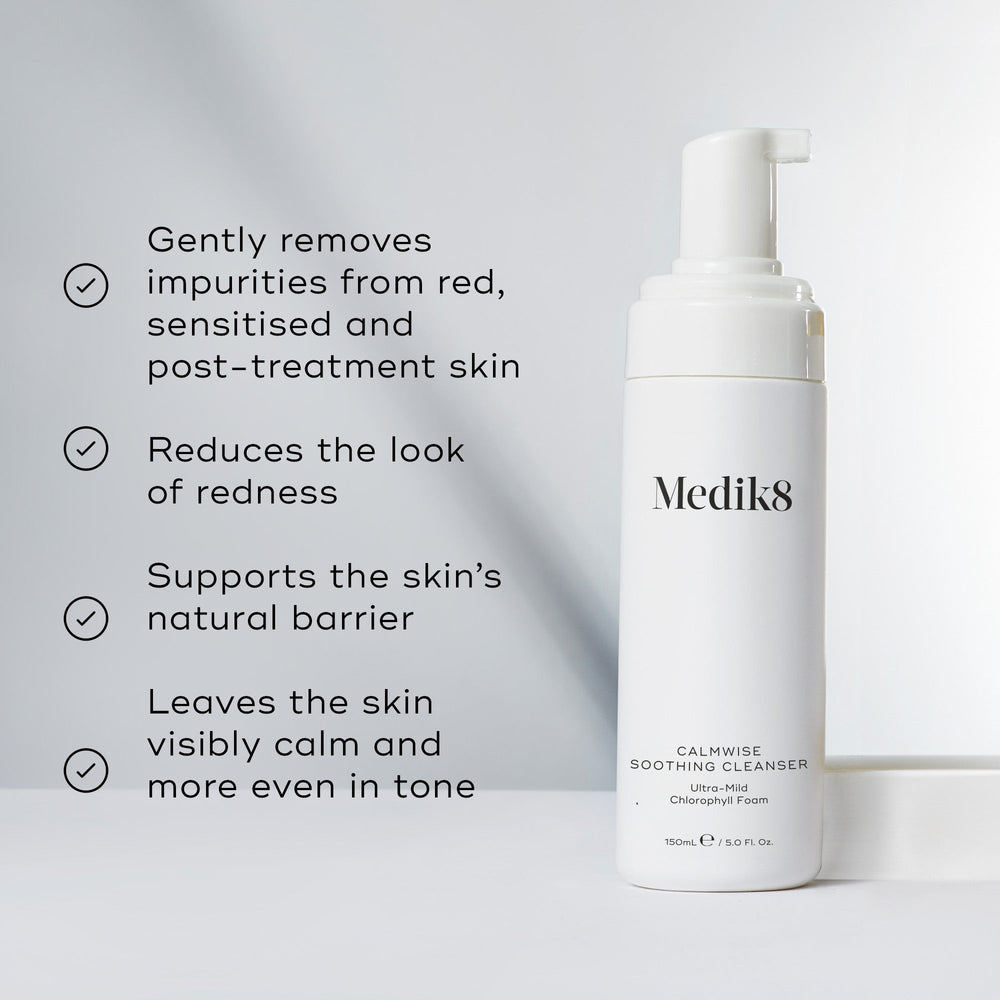 A split image featuring the cleanser bottle alongside a list of benefits, including  Gently removes impurities from red, sensitised and post-treatment skin  and  Reduces the look of redness. 
