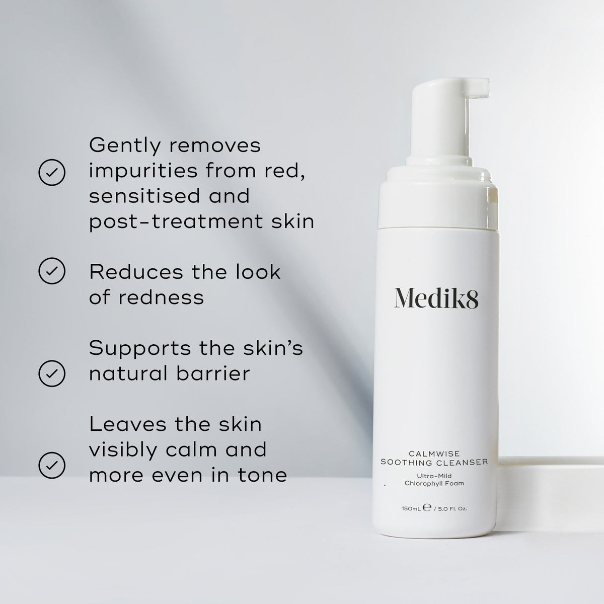 A split image featuring the cleanser bottle alongside a list of benefits, including  Gently removes impurities from red, sensitised and post-treatment skin  and  Reduces the look of redness. 