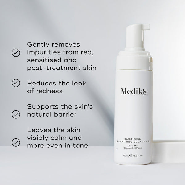 A split image featuring the cleanser bottle alongside a list of benefits, including  Gently removes impurities from red, sensitised and post-treatment skin  and  Reduces the look of redness. 