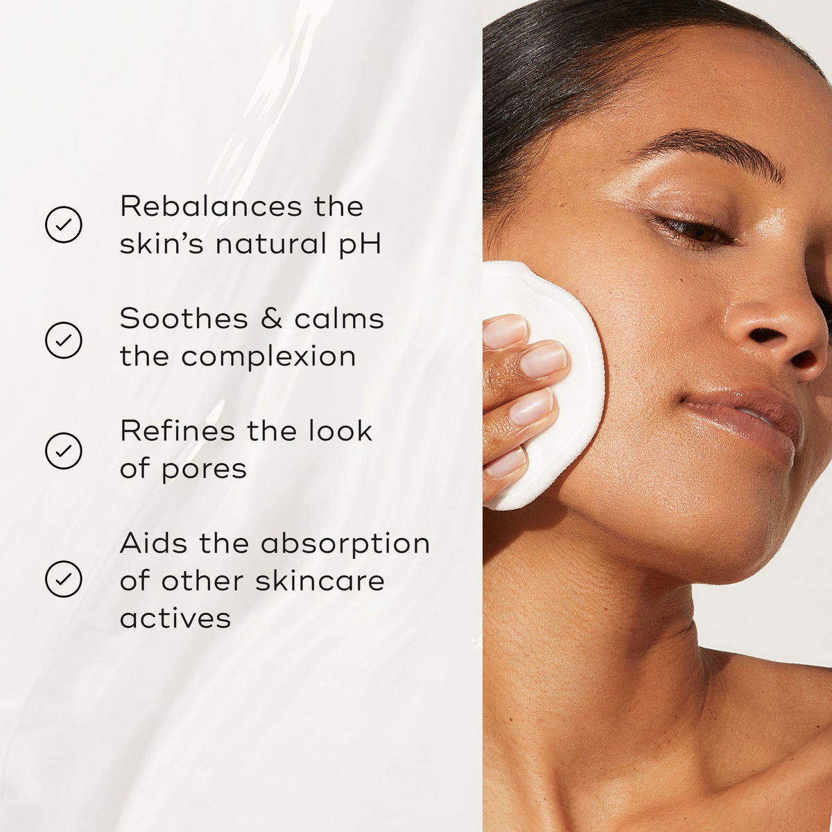 List of benefits appears next to a model using the toner. Text claims it rebalances pH, soothes the complexion, refines pores, and aids absorption of other skincare actives.