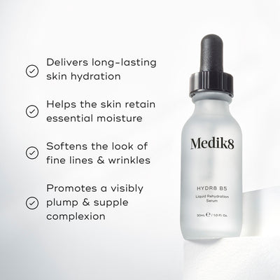 Medik8 Hydr8 B5 serum bottle stands on a white pedestal against a bright white background. Text highlights that the product  Delivers long-lasting skin hydration,   Helps the skin retain essential moisture,   Softens the look of fine lines & wrinkles,  and  Promotes a visibly plump & supple complexion. 