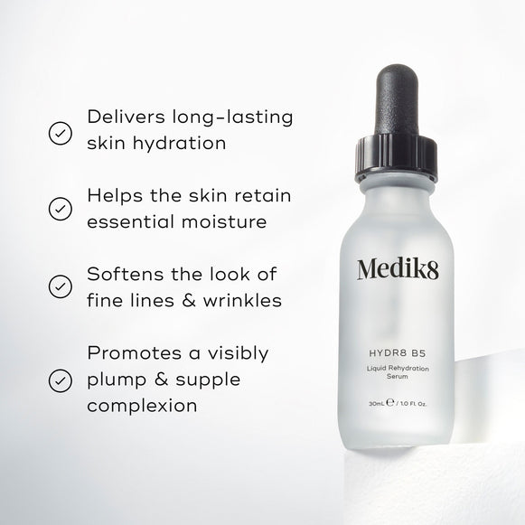 Medik8 Hydr8 B5 serum bottle stands on a white pedestal against a bright white background. Text highlights that the product  Delivers long-lasting skin hydration,   Helps the skin retain essential moisture,   Softens the look of fine lines & wrinkles,  and  Promotes a visibly plump & supple complexion. -hover-26