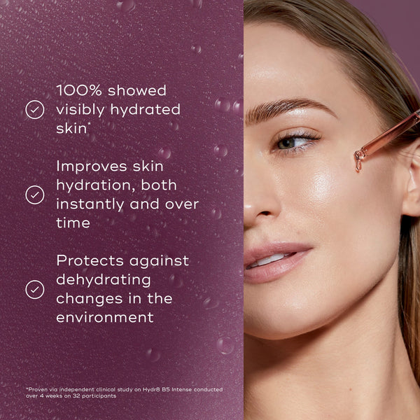 A split-screen image showing a model applying serum with a dropper alongside a list of benefits on a textured purple background. Text claims that 100% showed visibly hydrated skin, improves skin hydration both instantly and over time, and protects against dehydrating changes in the environment.