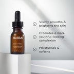 Medik8 Intelligent Retinol 3TR serum bottle stands on a white pedestal against a bright, neutral background. Text highlights that the product  Visibly smooths & brightens the skin,   Promotes a more youthful-looking complexion,  and  Moisturises & softens. 