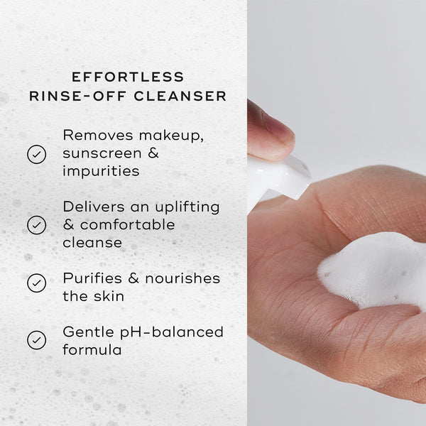 A split image featuring the foam texture application alongside a list of benefits, including  Removes makeup, sunscreen, impurities and purifies & nourishes the skin. 