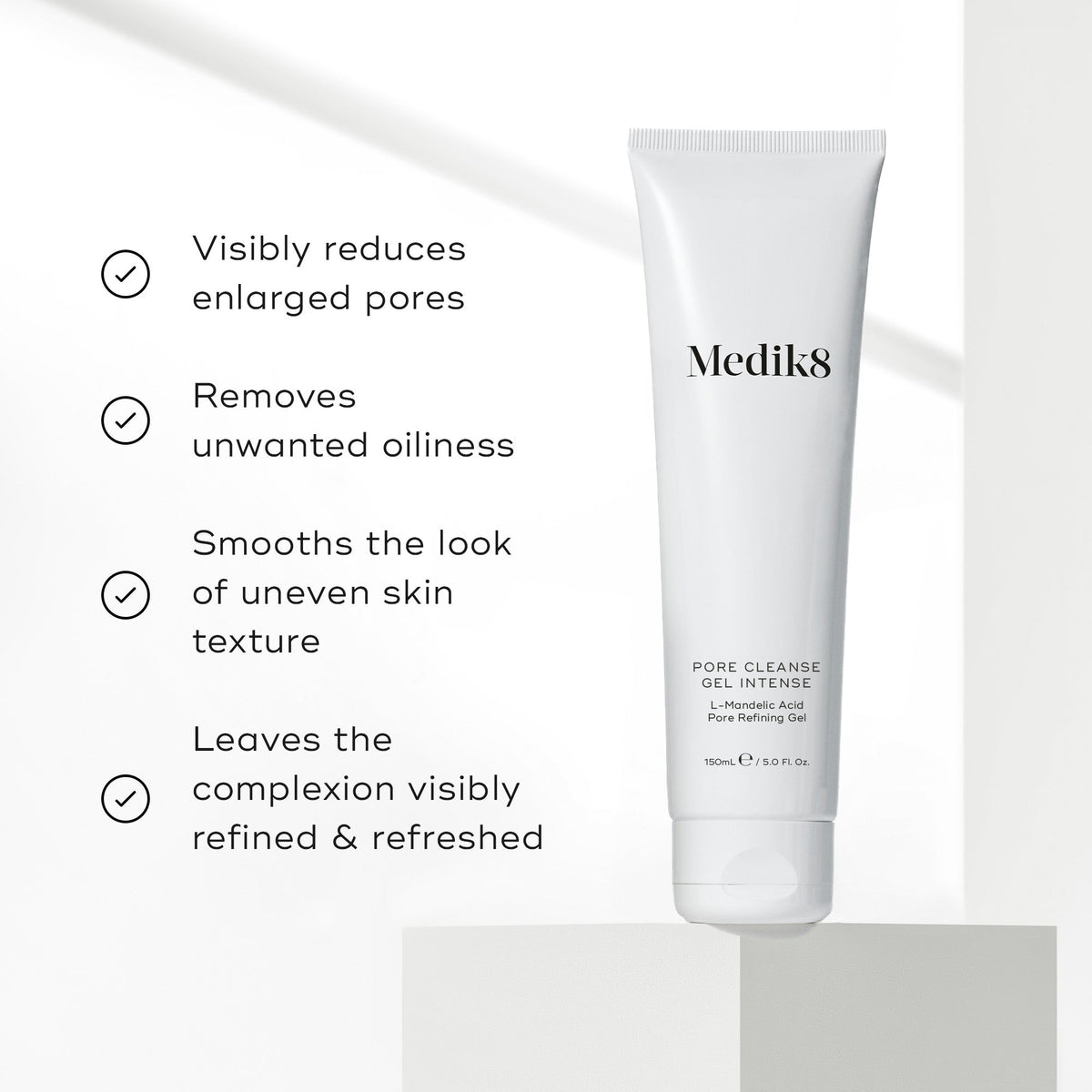 List of benefits appears next to the Pore Cleanse Gel Intense tube. Text claims it visibly reduces enlarged pores, removes unwanted oiliness, smooths texture, and leaves the complexion refined.