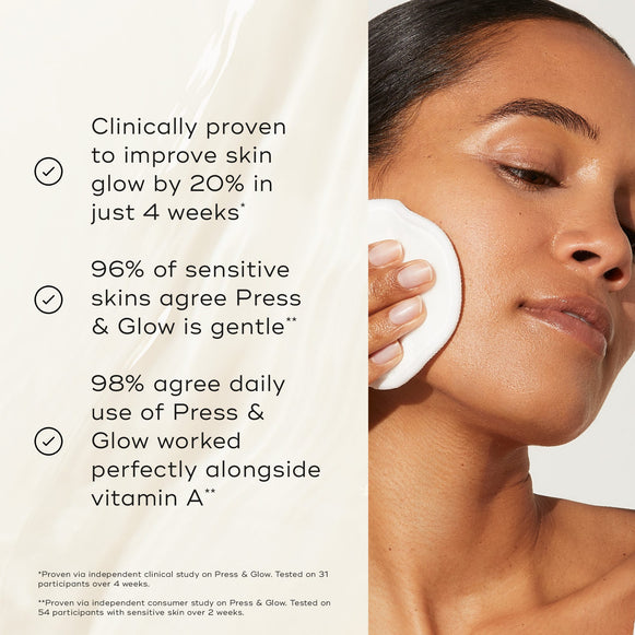 A person uses a cotton pad to apply Medik8 Press & Glow to their face against a neutral, marbled background. Text claims the product is  Clinically proven to improve skin glow by 20% in just 4 weeks*,  and that  96% of sensitive skins agree Press & Glow is gentle**  and  98% agree daily use of Press & Glow worked perfectly alongside vitamin A**. -hover-4