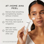 A person holds a Medik8 Sleep Glycolic tube against a neutral off-white background with a swipe of white cream on their cheek. Text highlights its benefits as an  At-Home AHA Peel  that  delivers fast smoothing & brightening results – without irritation  and  minimises the look of fine lines, dark spots & congestion.  It also notes  94% felt their skin was visibly illuminated after use. 