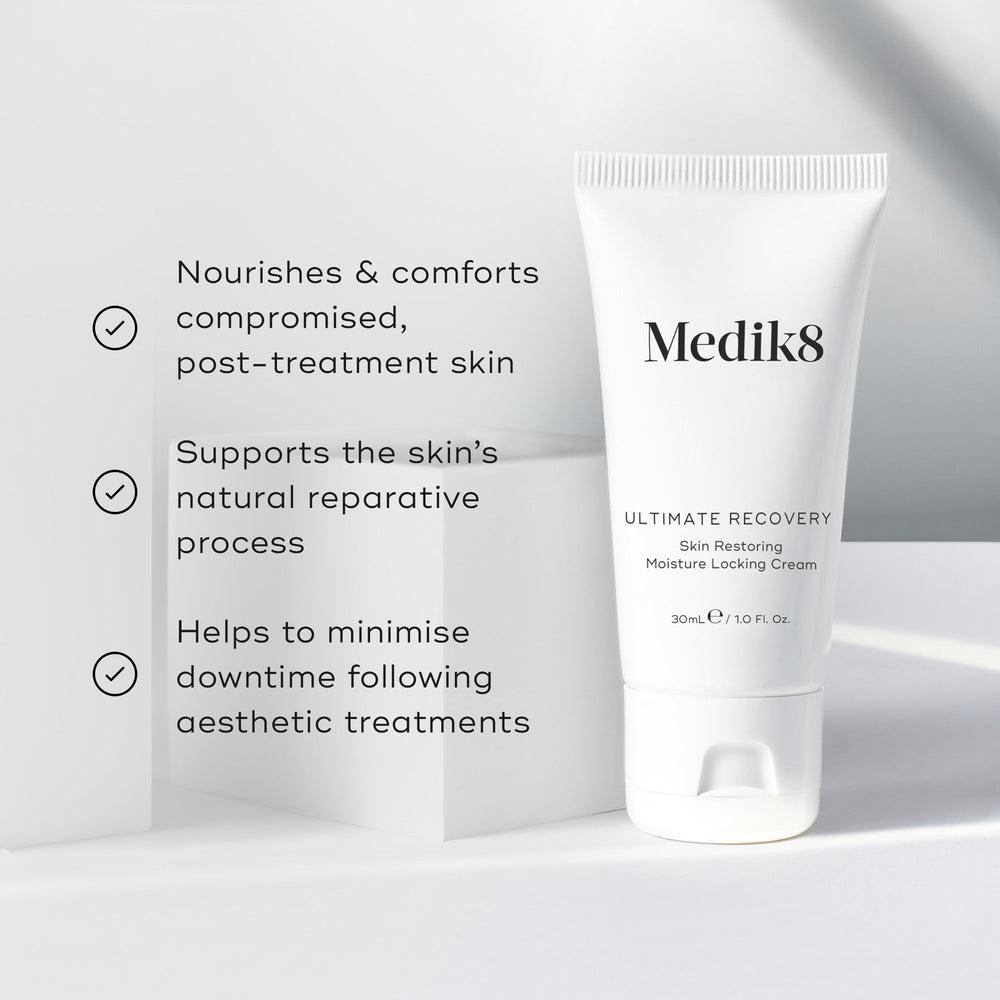 Medik8 Ultimate Recovery Skin Restoring Moisture Locking Cream tube sits against a clean white architectural background. Text claims the product nourishes compromised post-treatment skin, supports the natural reparative process, and minimizes downtime following aesthetic treatments.