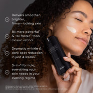Medik8 r-Retinoate Intense Youth Activating Cream bottle displayed on a white background with a swatch of the peach-toned cream texture visible behind it.