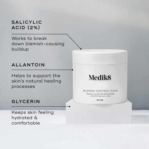 Medik8 Blemish Control Pads jar stands on a white pedestal against a grey-toned background. Text highlights three key ingredients:  SALICYLIC ACID (2%) Works to break down blemish-causing buildup,   ALLANTOIN Helps to support the skin’s natural healing processes,  and  GLYCERIN Keeps skin feeling hydrated & comfortable. -hover-15