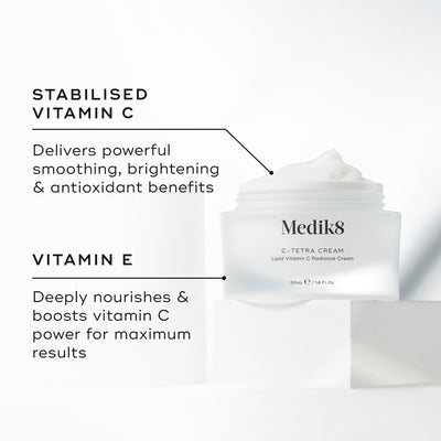 Medik8 C-Tetra Cream jar displayed open on a white stone block against a clean white background. The image features two key ingredients and their benefits:

STABILISED VITAMIN C: Delivers powerful smoothing, brightening, and antioxidant benefits.

VITAMIN E: Deeply nourishes and boosts vitamin C power for maximum results.