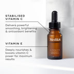Medik8 C-Tetra Eye serum bottle on a warm orange background. Text highlights Stabilised Vitamin C for smoothing, brightening, and antioxidant benefits, and Vitamin E to nourish and boost Vitamin C power.