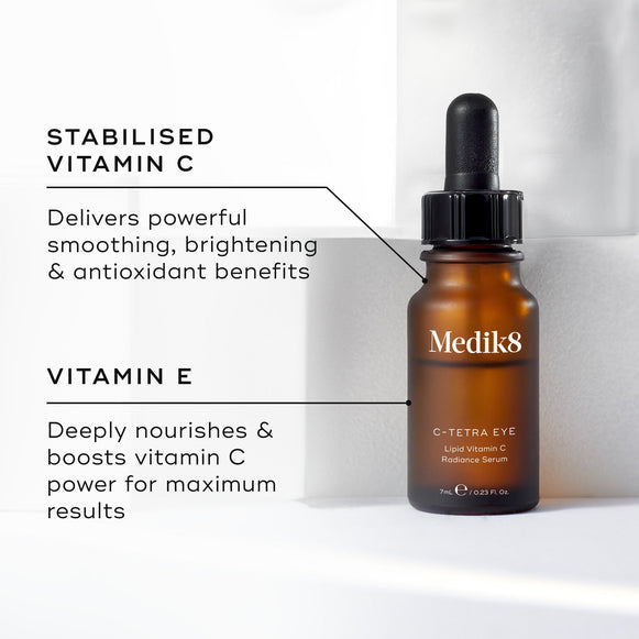 Medik8 C-Tetra Eye serum bottle on a warm orange background. Text highlights Stabilised Vitamin C for smoothing, brightening, and antioxidant benefits, and Vitamin E to nourish and boost Vitamin C power.-hover-48