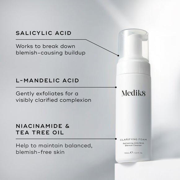 Medik8 Clarifying Foam pump bottle stands on a white block against a clean grey background. Text highlights key ingredients: Salicylic Acid to break down blemish-causing buildup, L-Mandelic Acid for gentle exfoliation and a clarified complexion, and Niacinamide & Tea Tree Oil to help maintain balanced, blemish-free skin.-hover-28