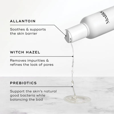 Liquid pours from the Daily Refresh Balancing Toner bottle. Text highlights Allantoin to soothe, Witch Hazel to refine pores, and Prebiotics to balance skin bacteria.