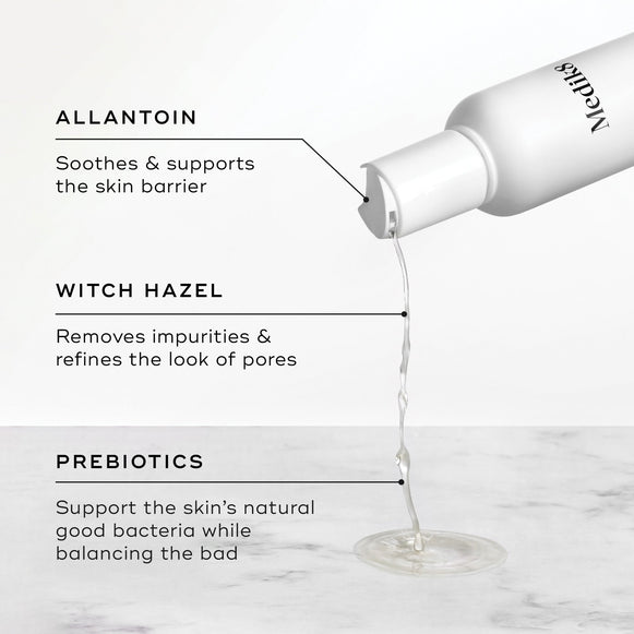 Liquid pours from the Daily Refresh Balancing Toner bottle. Text highlights Allantoin to soothe, Witch Hazel to refine pores, and Prebiotics to balance skin bacteria.-hover-45