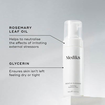 A Medik8 Gentle Cleanse bottle displayed on a white block. Lines connect the bottle to text explaining key ingredients: "Rosemary Leaf Oil" to neutralise the effects of irritating external stressors and "Glycerin" to ensure skin isn't left feeling dry or tight.