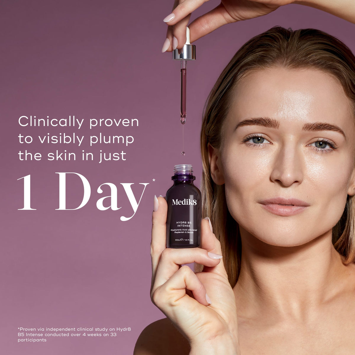 Medik8 Hydr8 B5 Intense glass dropper bottle centered on a shimmering purple background with translucent water droplets. Bold text states the product is clinically proven to visibly plump the skin in just 1 Day.