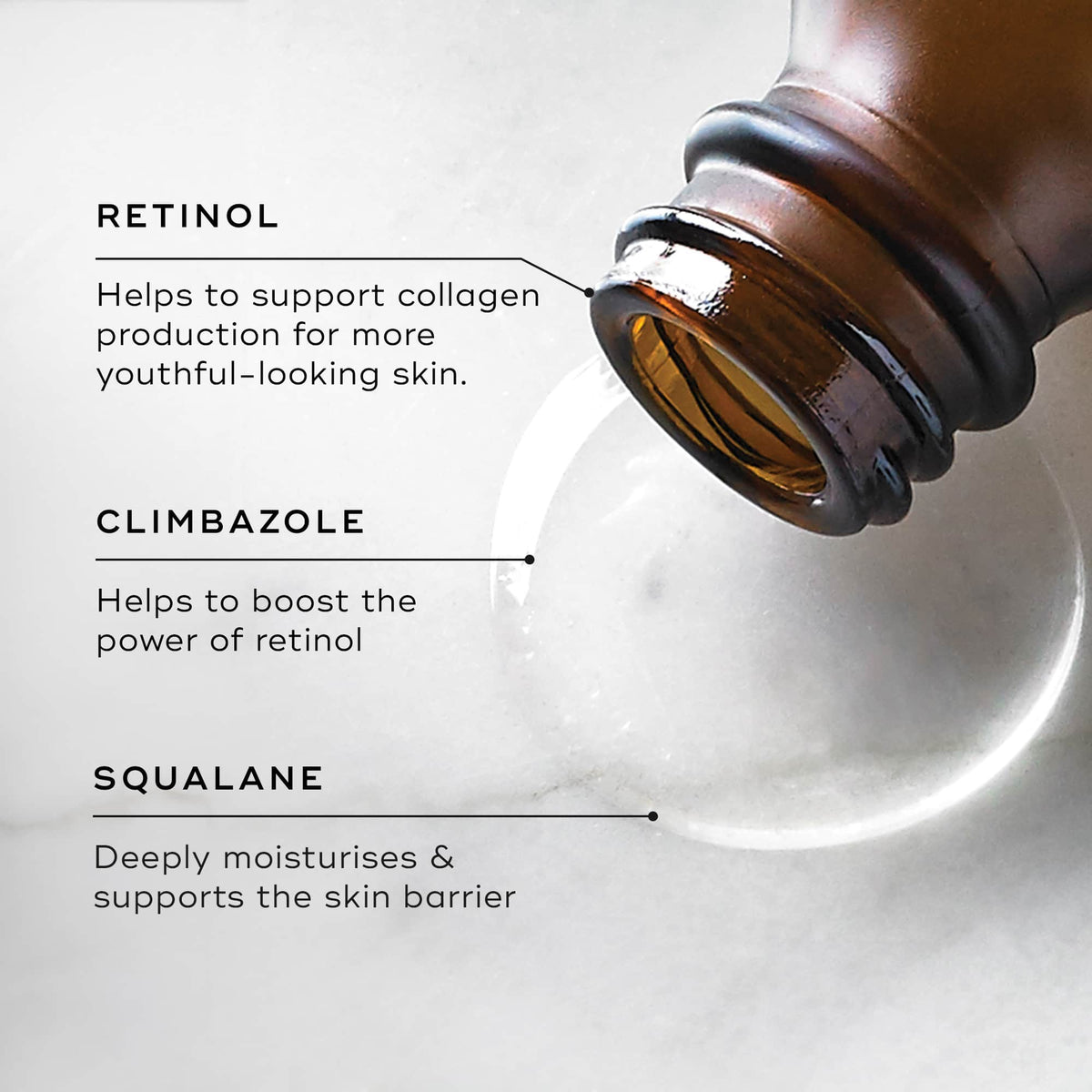 A close-up of clear liquid being poured from the Medik8 Intelligent Retinol 3TR amber glass bottle. Text highlights key ingredients:  RETINOL Helps to support collagen production for more youthful-looking skin,   CLIMBAZOLE Helps to boost the power of retinol,  and  SQUALANE Deeply moisturises & supports the skin barrier. 