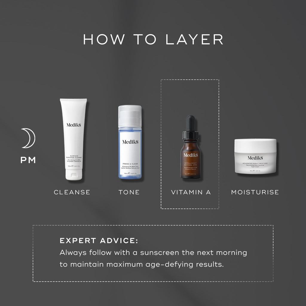 An infographic titled “HOW TO LAYER” displays a Medik8 nighttime skincare routine against a dark grey background. A crescent moon icon and “PM” indicate the time of use. The Medik8 Intelligent Retinol 3TR bottle is highlighted in a dashed box under the “VITAMIN A” step. Other steps shown include  CLEANSE,   TONE,  and  MOISTURISE.  A text box at the bottom provides “EXPERT ADVICE: Always follow with a sunscreen the next morning to maintain maximum age-defying results.”