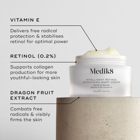 Close-up of Intelligent Retinol Smoothing Night Cream, showing a white jar with cream and labels pointing to ingredients. The background is a light, textured surface. Text boxes highlight VITAMIN E, RETINOL (0.2%) and DRAGON FRUIT EXTRACT.-hover-7
