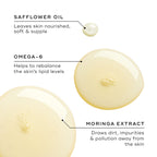 Three oil droplets display key ingredients. Text highlights Safflower Oil for nourishment, Omega-6 for lipid balance, and Moringa Extract for drawing out impurities and pollution.