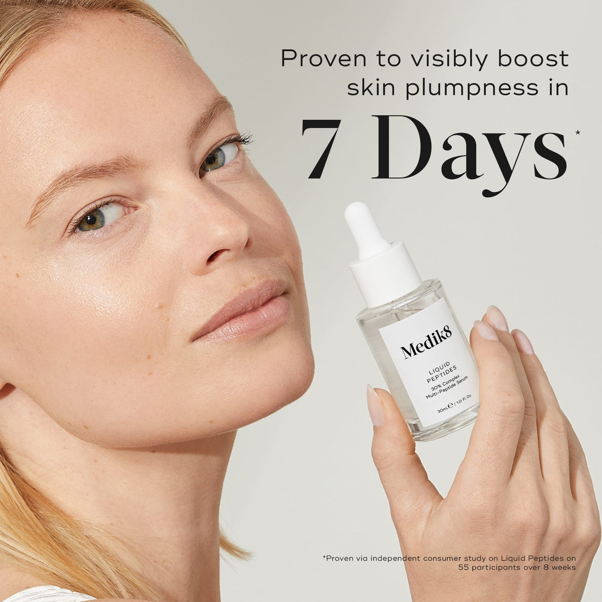 A woman holds a bottle of Liquid Peptides serum. Text on the right states,  Proven to visibly boost skin plumpness in 7 Days*.  A footnote states this is from an independent consumer study.