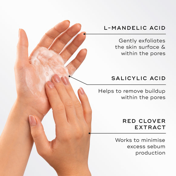 Two hands lather the cleanser into a foam next to text detailing key ingredients. Highlights include L-Mandelic Acid to exfoliate, Salicylic Acid to remove buildup, and Red Clover Extract to minimize excess sebum.-hover-2