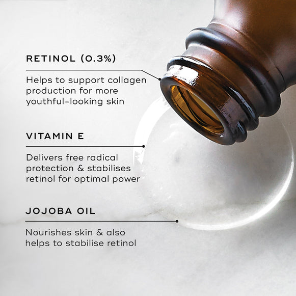 "Close-up of an open Medik8 Retinol 3TR serum bottle tilted to dispense a clear, translucent serum droplet onto a white marble surface. The image highlights three key ingredients and their benefits for the Retinol 3TR formula:

RETINOL (0.3%): Helps to support collagen production for more youthful-looking skin.

VITAMIN E: Delivers free radical protection and stabilises retinol for optimal power.

JOJOBA OIL: Nourishes skin and also helps to stabilise retinol."-hover-23