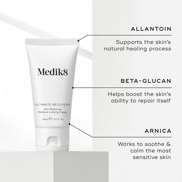 Medik8 Ultimate Recovery Skin Restoring Moisture Locking Cream tube shown with three key ingredients: Allantoin to support the skin’s natural healing process, Beta-Glucan to boost the skin’s ability to repair itself, and Arnica to soothe and calm sensitive skin.-hover-11