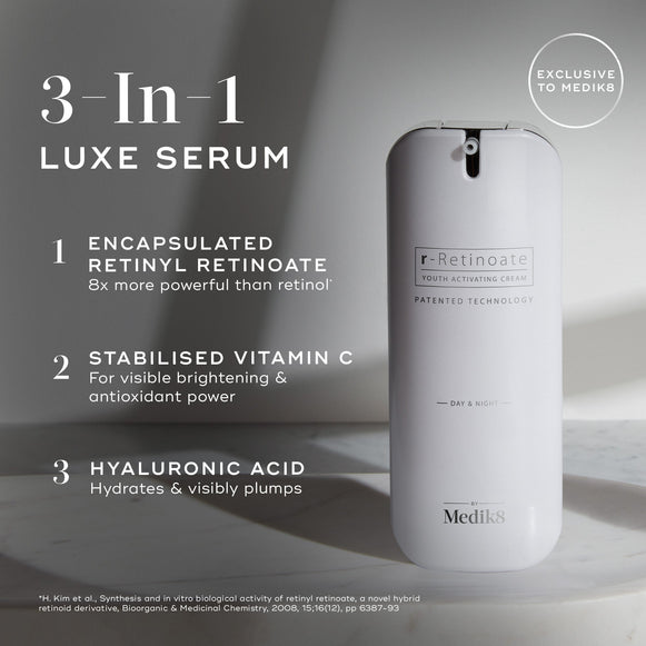 A large white cylindrical airless pump dispenser bottle of Medik8 r-Retinoate® Day & Night stands vertically against a light grey minimalist background with subtle shadows. Text overlays on the left highlight its key features as a "3-In-1 LUXE SERUM":

"ENCAPSULATED RETINYL RETINOATE 8x more powerful than retinol*"

"STABILISED VITAMIN C For visible brightening & antioxidant power"

"HYALURONIC ACID Hydrates & visibly plumps"
A circular badge at the top right indicates "EXCLUSIVE TO Medik8". -hover-28