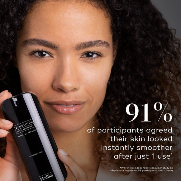 A person holds a bottle of Medik8 r-Retinoate Intense. Text states that 91% of participants agreed their skin looked instantly smoother after just 1 use.-hover-8