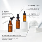 The Medik8 C-Tetra franchise family displayed on white podiums, including C-Tetra facial serum, C-Tetra Luxe facial serum, C-Tetra Eye serum bottle, and C-Tetra Cream jar.
