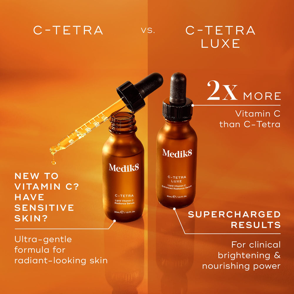 Three Medik8 serum bottles are lined up against a warm orange background with faint hexagonal graphics, showcasing the C-Tetra range. The image features:
C-Tetra serum bottle with a dropper, highlighted as  7% VITAMIN C,   NEW TO VITAMIN C,  and a  LIGHTWEIGHT OIL. 
C-Tetra Luxe serum bottle with a dropper, highlighted as  14% VITAMIN C,   NOURISHING GLOW,  and a  RICH OIL. 
C-Tetra Advanced pump bottle labeled as  NEW,  highlighted as  20% VITAMIN C,   ADVANCED AGE DEFENCE,  and a  LIGHTWEIGHT GEL-SERUM