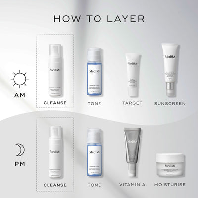 A  How to Layer  guide showing Medik8 Clarifying Foam as the first step for both AM and PM routines. The AM routine follows with Press & Clear (Tone), Clarity Peptides (Target), and Advanced Day Ultimate Protect (Sunscreen). The PM routine follows with Press & Clear (Tone), Crystal Retinal (Vitamin A), and Advanced Night Restore (Moisturise).