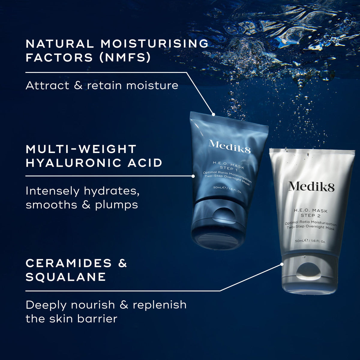 Two tubes of Medik8 H.E.O. Mask (blue Step 1 and white Step 2) are displayed against a background of water droplets. Text callouts highlight key ingredients: NATURAL MOISTURISING FACTORS, MULTI-WEIGHT HYALURONIC and CERAMIDES & SQUALANE.