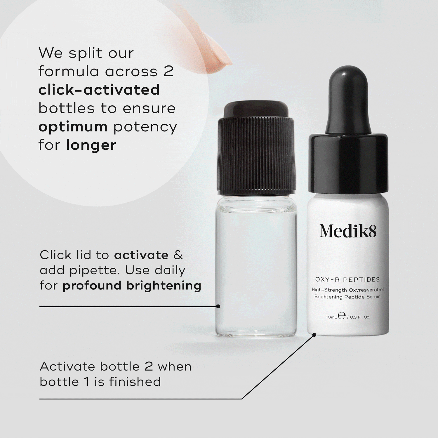 GIF - A visual of Oxy-R Peptides, showing two small bottles of the serum. A finger is pressing down on the black cap of a clear bottle, inside which an orange-brown liquid is visibly mixing, indicating activation. The second bottle is white with a black dropper and labeled  OXY-R PEPTIDES High-Strength Oxyresveratrol Brightening Peptide Serum.  Text states: We split our formula across 2 click-activated bottles to ensure optimum potency for longer. 