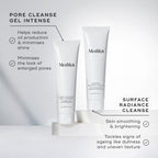 Pore Cleanse Gel Intense tube stands beside a Surface Radiance Cleanse tube. Text highlights the Pore Cleanse Gel Intense is for reducing oil production & minimises shine, and also minimises the look of enlarged pores. Surface Radiance Cleanse is for smoothing skin and brightening, and also tackles signs of ageing like dullness and uneven texture.