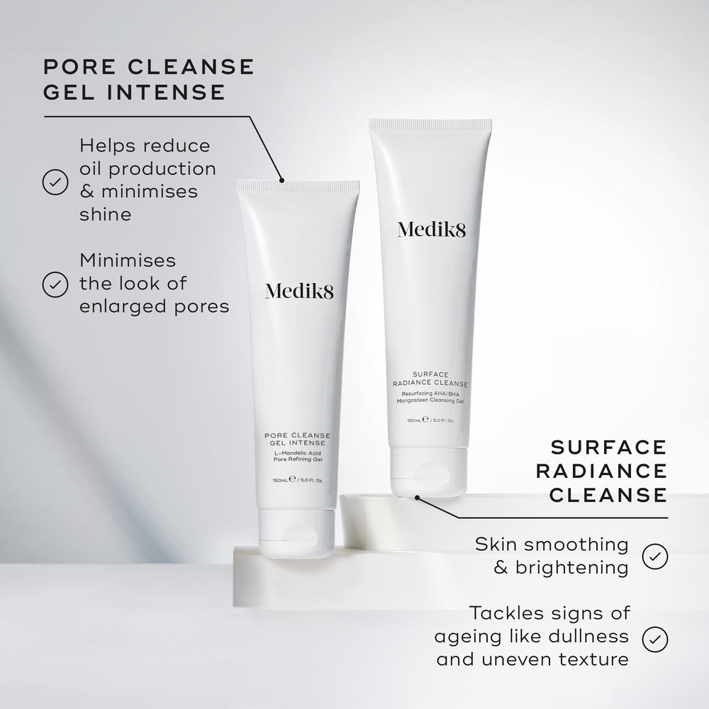 Pore Cleanse Gel Intense tube stands beside a Surface Radiance Cleanse tube. Text highlights the Pore Cleanse Gel Intense is for reducing oil production & minimises shine, and also minimises the look of enlarged pores. Surface Radiance Cleanse is for smoothing skin and brightening, and also tackles signs of ageing like dullness and uneven texture.